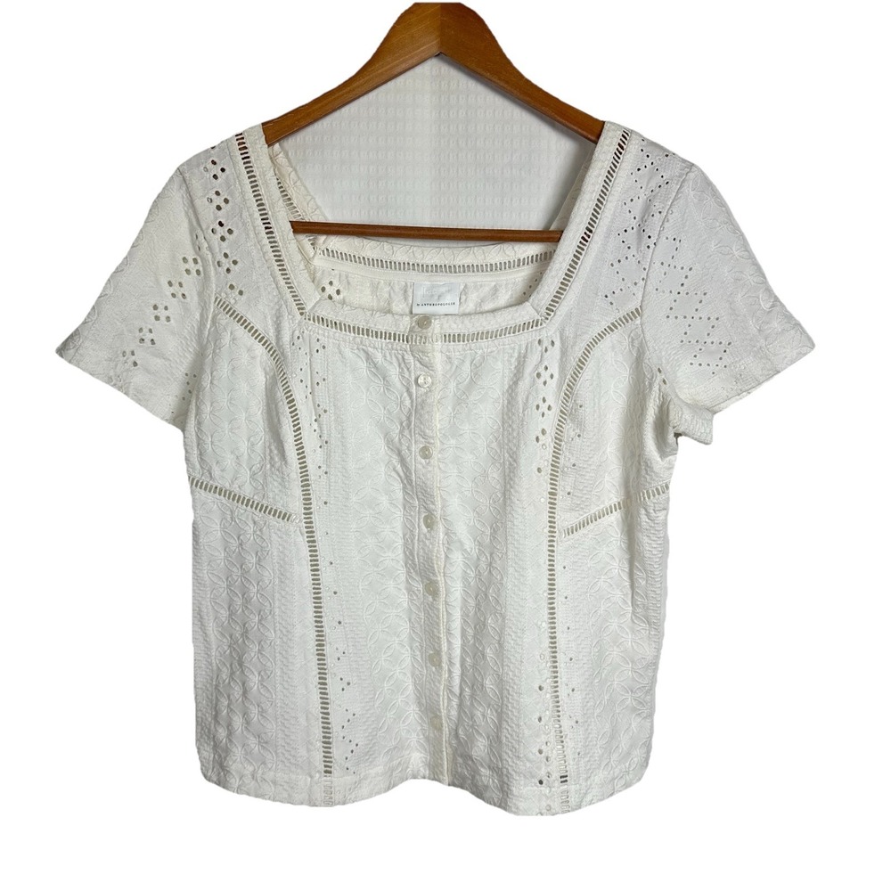 Ett:twa Anthropologie White Crochet Button-Front Aurora Top Women's Medium